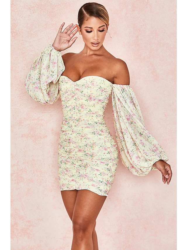 Sexy Partykleid mit Blumenmuster, schulterfrei, langärmlig, kurz, Minikleid aus Spandex mit gerüschtem Musterdruck